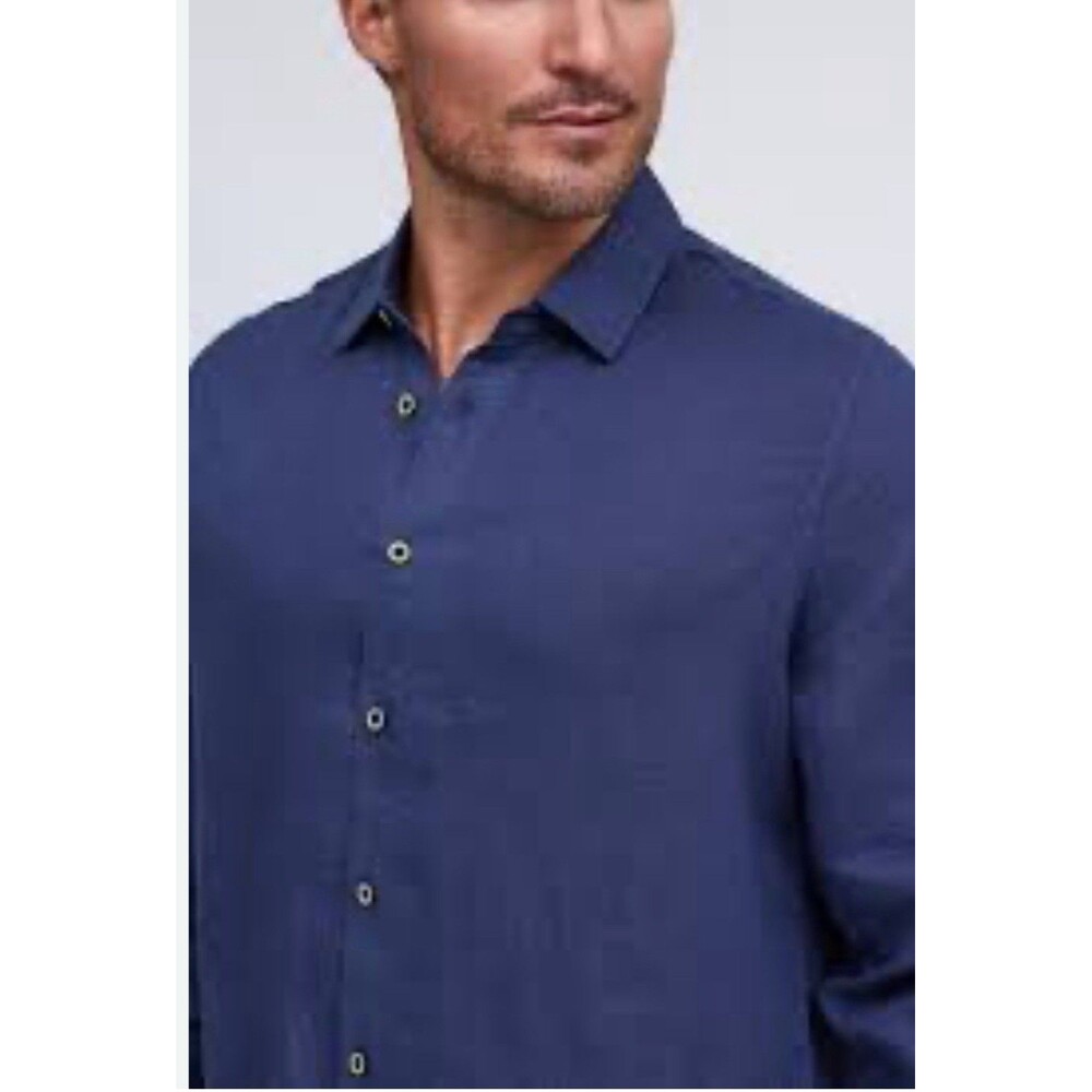 Raffi Mens BRAYDEN Linen Midnight Blue Long Sleeve Dress Shirt Button-Up Large